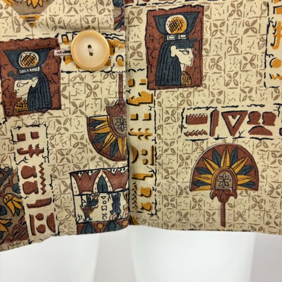 Vintage 50s Egyptian Top Women's Medium Novelty Print Brown Button Back Cotton - Picture 9 of 10